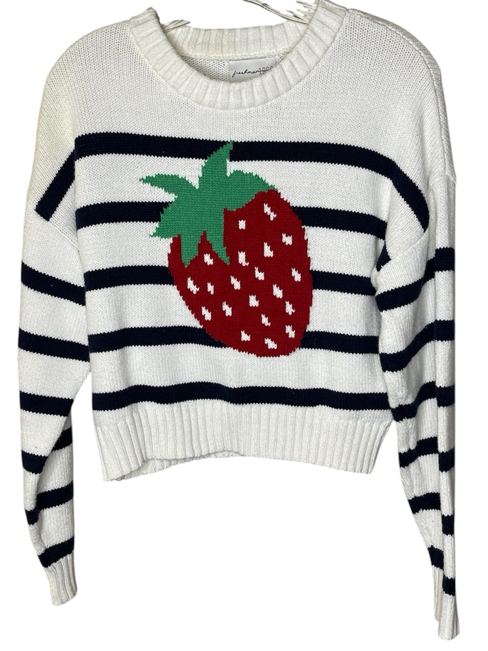 Freshman White Striped Crewneck Sweater with Red Strawberry Sz M - Picture 2 of 5